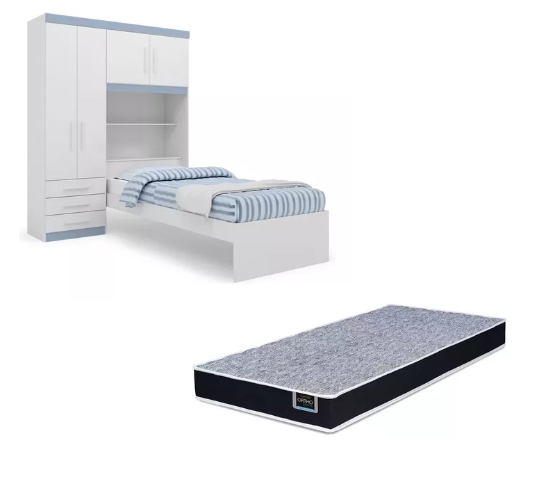 Kit Guarda Roupa Solteiro Azul com Cabeceira Baú + Cama Acoplada + Colchão de Solteiro Espuma D28 - AV