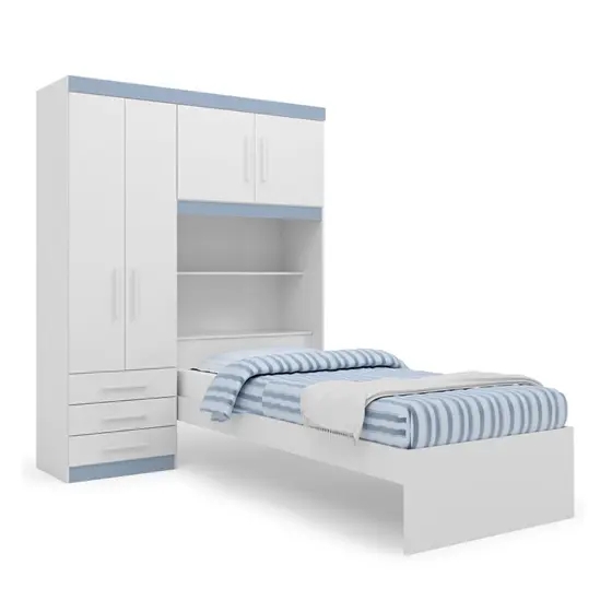 Kit Guarda Roupa Solteiro Azul com Cabeceira Baú + Cama Acoplada + Colchão de Solteiro Espuma D28 - AV