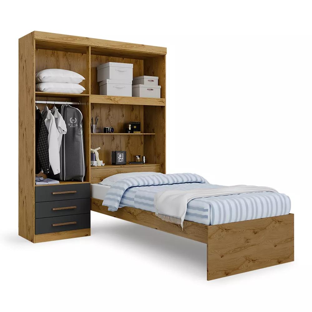 Kit Guarda Roupa Solteiro Grafite com Cabeceira Baú + Cama Acoplada + Colchão de Solteiro Espuma D28 - AV
