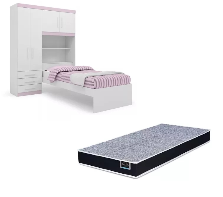 Kit Guarda Roupa Solteiro Rosa com Cabeceira Baú + Cama Acoplada + Colchão de Solteiro Espuma D28 - AV