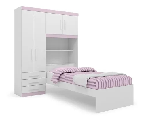 Kit Guarda Roupa Solteiro Rosa com Cabeceira Baú + Cama Acoplada + Colchão de Solteiro Espuma D28 - AV