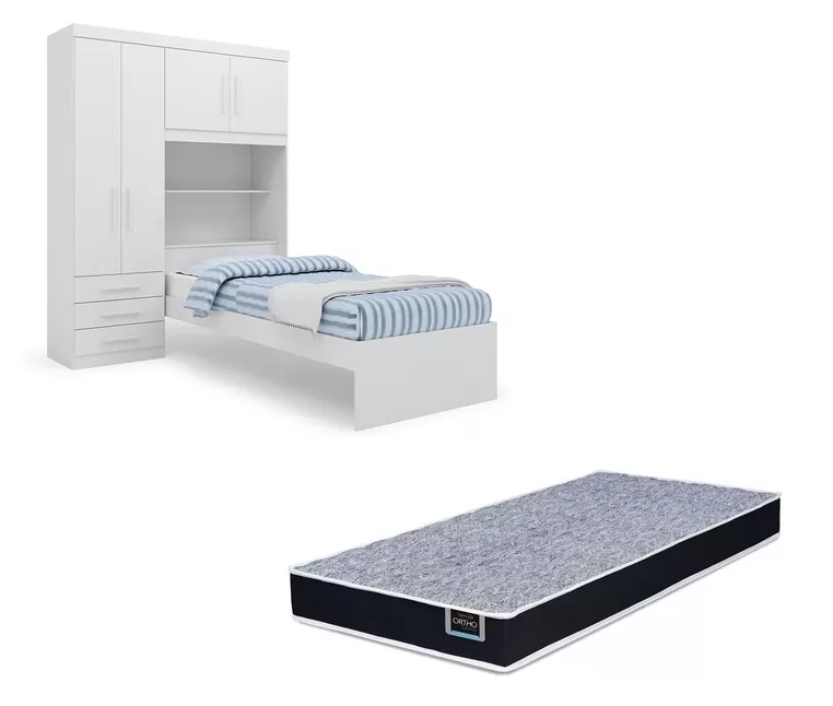 Kit Guarda Roupa Solteiro com Cabeceira Baú + Cama Acoplada + Colchão de Solteiro Espuma D28 - AV