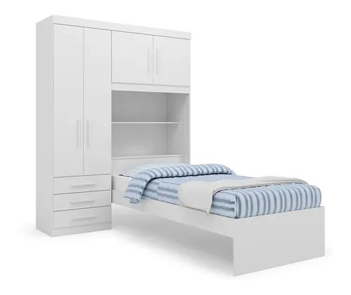 Kit Guarda Roupa Solteiro com Cabeceira Baú + Cama Acoplada + Colchão de Solteiro Espuma D28 - AV