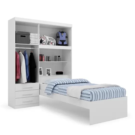 Kit Guarda Roupa Solteiro com Cabeceira Baú + Cama Acoplada + Colchão de Solteiro Espuma D28 - AV