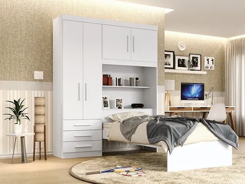 Kit Guarda Roupa Solteiro com Cabeceira Baú + Cama Acoplada + Colchão de Solteiro Espuma D28 - AV
