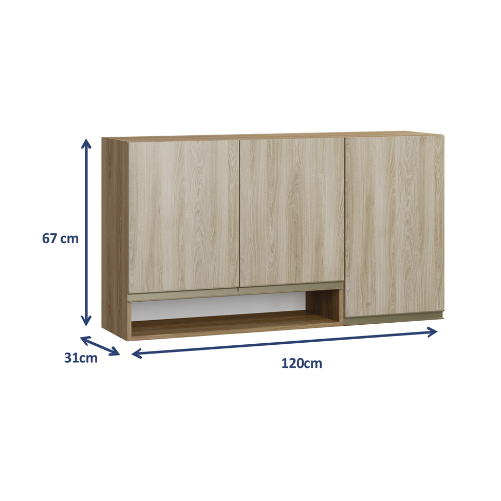 Armário Aéreo Cook ll 3 Portas Madeira e Aveiro 120 cm