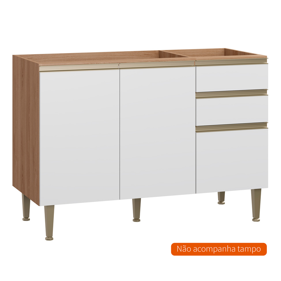 Balcão de Cozinha Cook 3 Portas 2 Gavetas Madeira e Branco