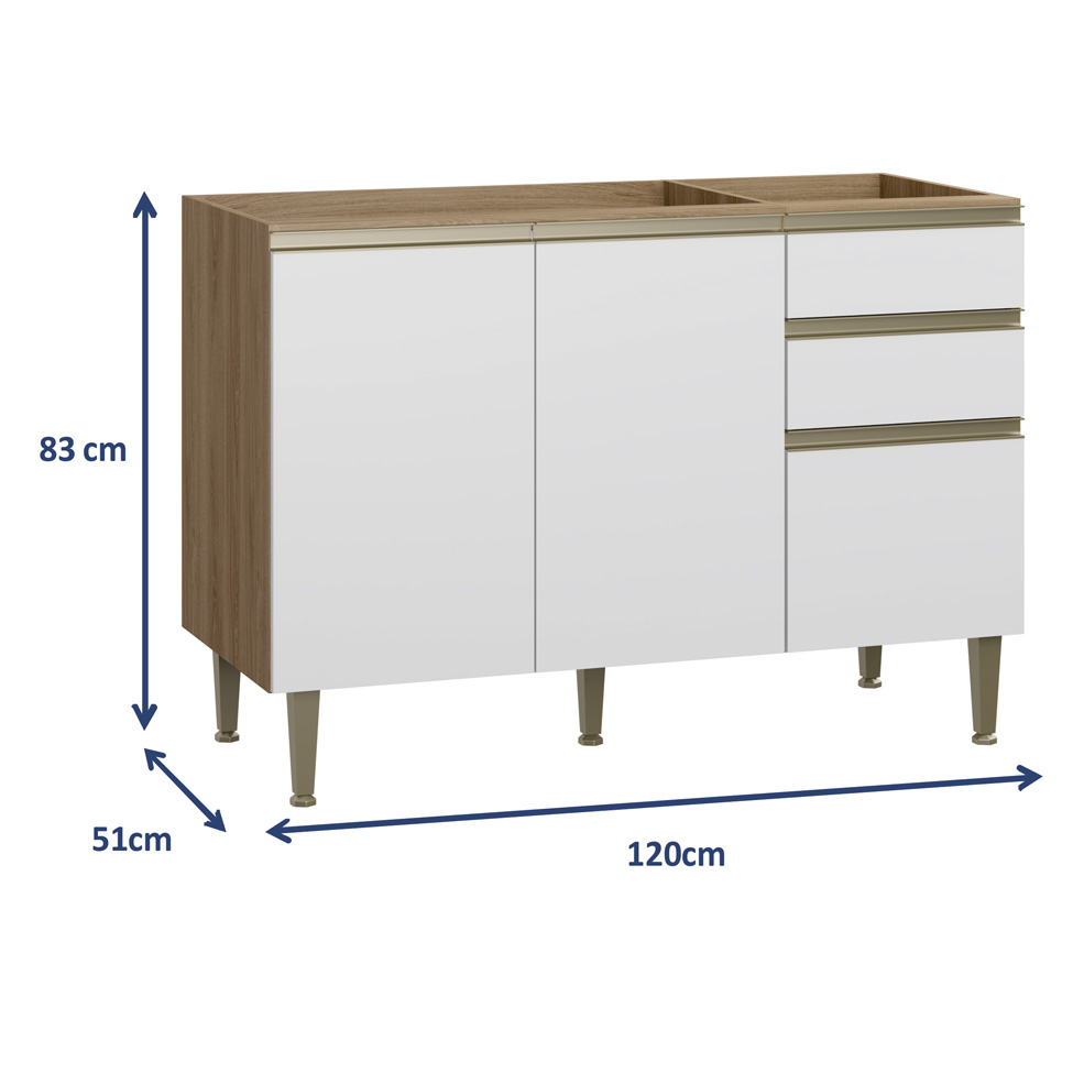 Balcão de Cozinha Cook 3 Portas 2 Gavetas Madeira e Branco