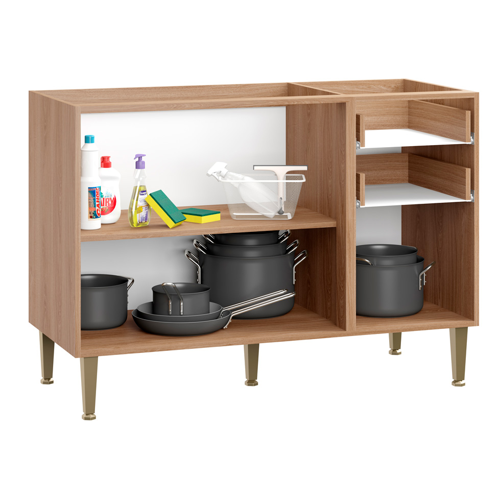 Balcão de Cozinha Cook 3 Portas 2 Gavetas Madeira e Branco