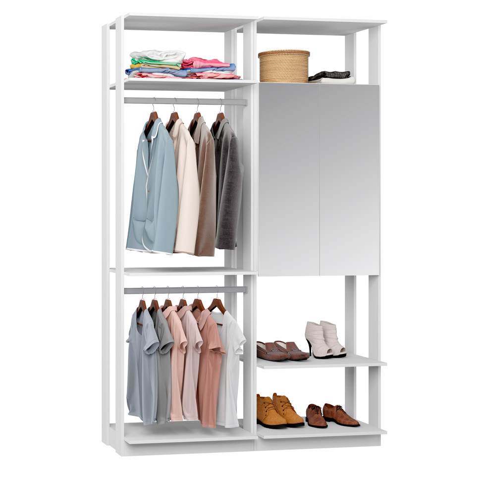 Guarda-Roupa Solteiro Modulado Clothes com Espelho 2 Portas Branco