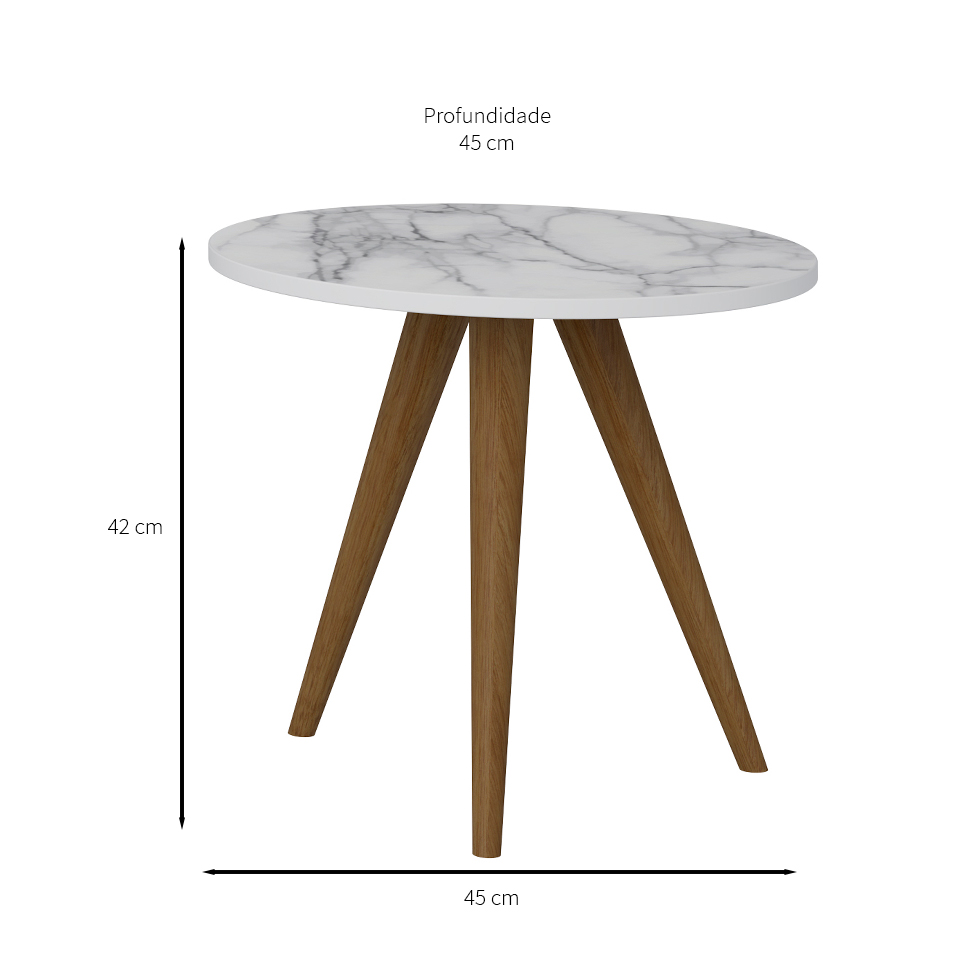 Mesa Lateral Redonda Retrô Branca e Carrara 42 cm