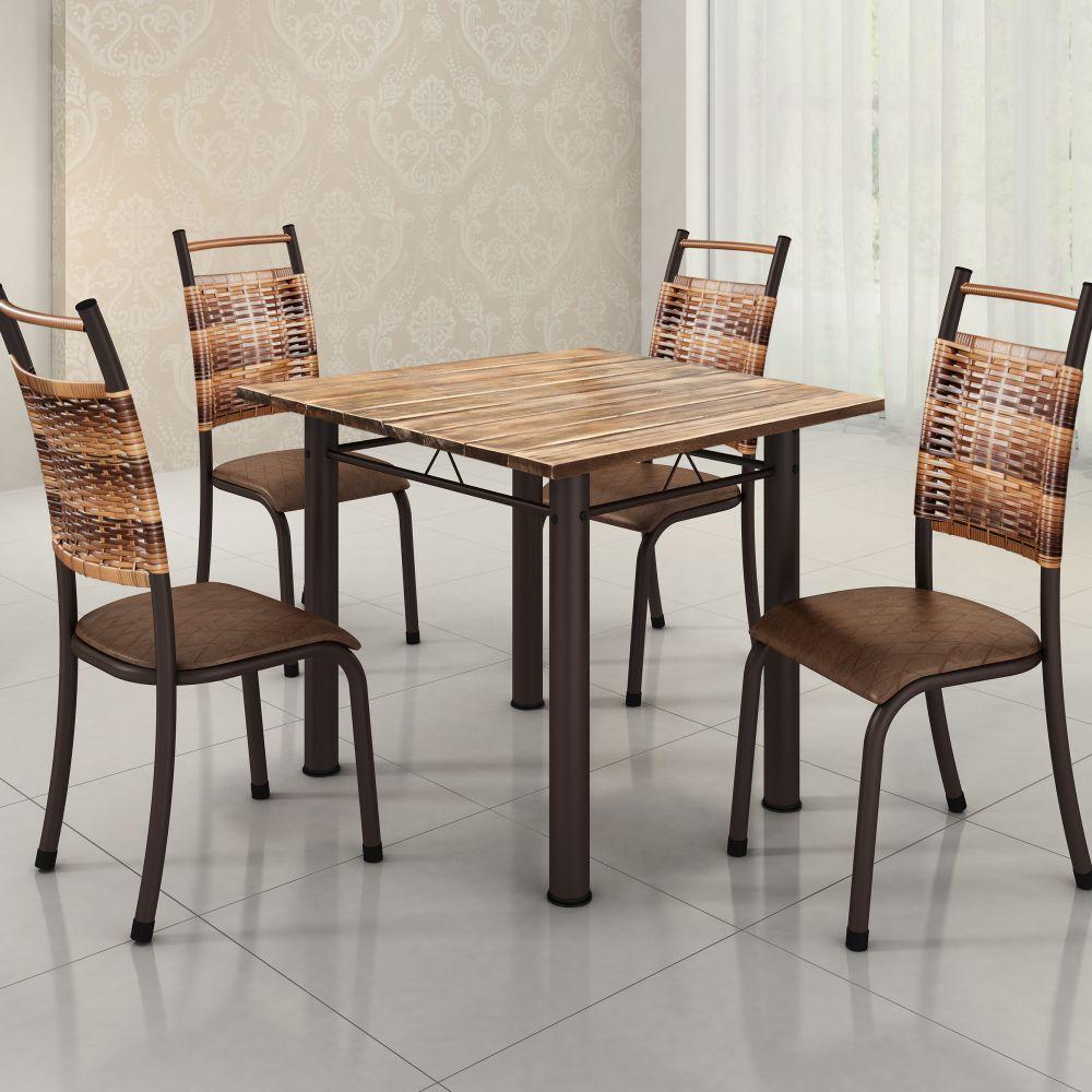 Conjunto 4 Cadeiras Chicago de Jantar em Couro Caramelo e Rattan com Metal Preto