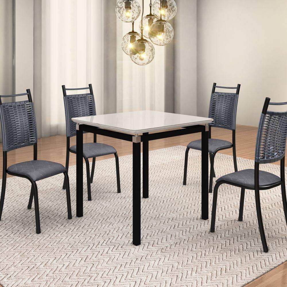 Conjunto 4 Cadeiras Chicago de Jantar em Couro Cinza e Rattan com Metal Preto