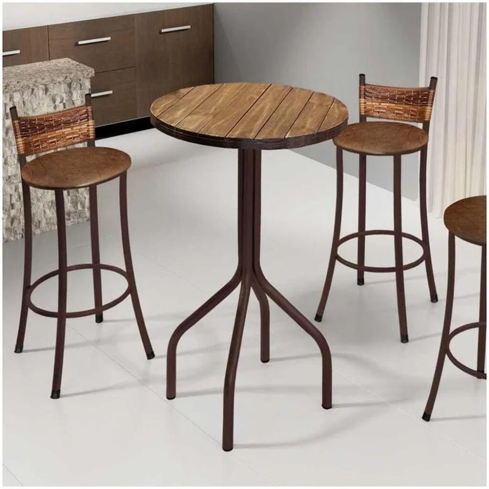 Conjunto Mesa Bistrô Tampo Madeira Com 3 Banquetas Bm Tubulares