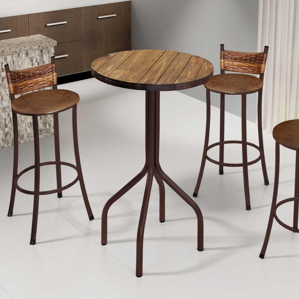 Conjunto Mesa Bistrô Tampo Madeira com 3 Banquetas BM Tubulares