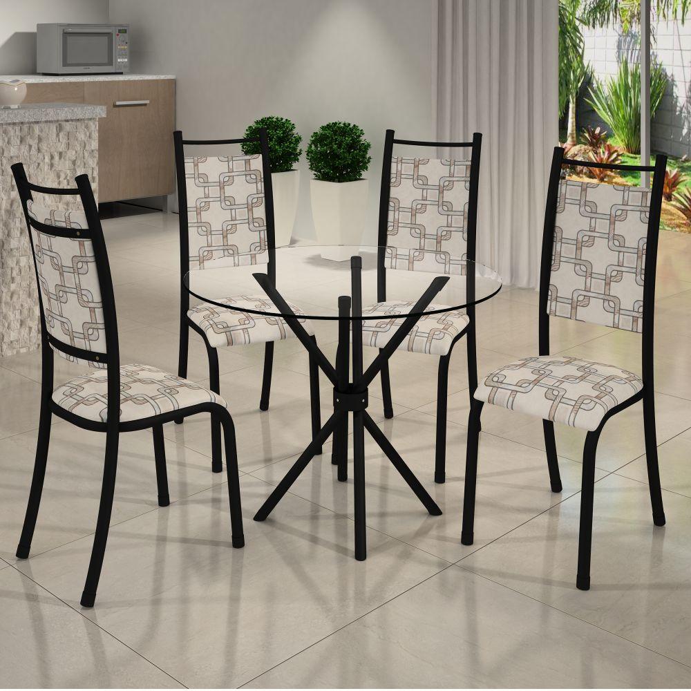 Conjunto Mesa Redonda Verona com Tampo Vidro e 4 Cadeiras BM Tubulares