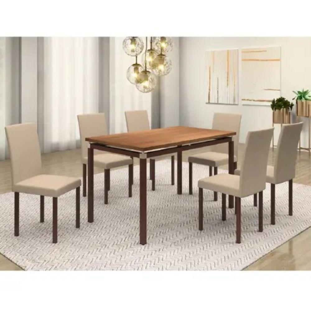Conjunto Sala de Jantar Flórida com 6 Cadeiras Linho Bege e Metal Preto BM Tubulares
