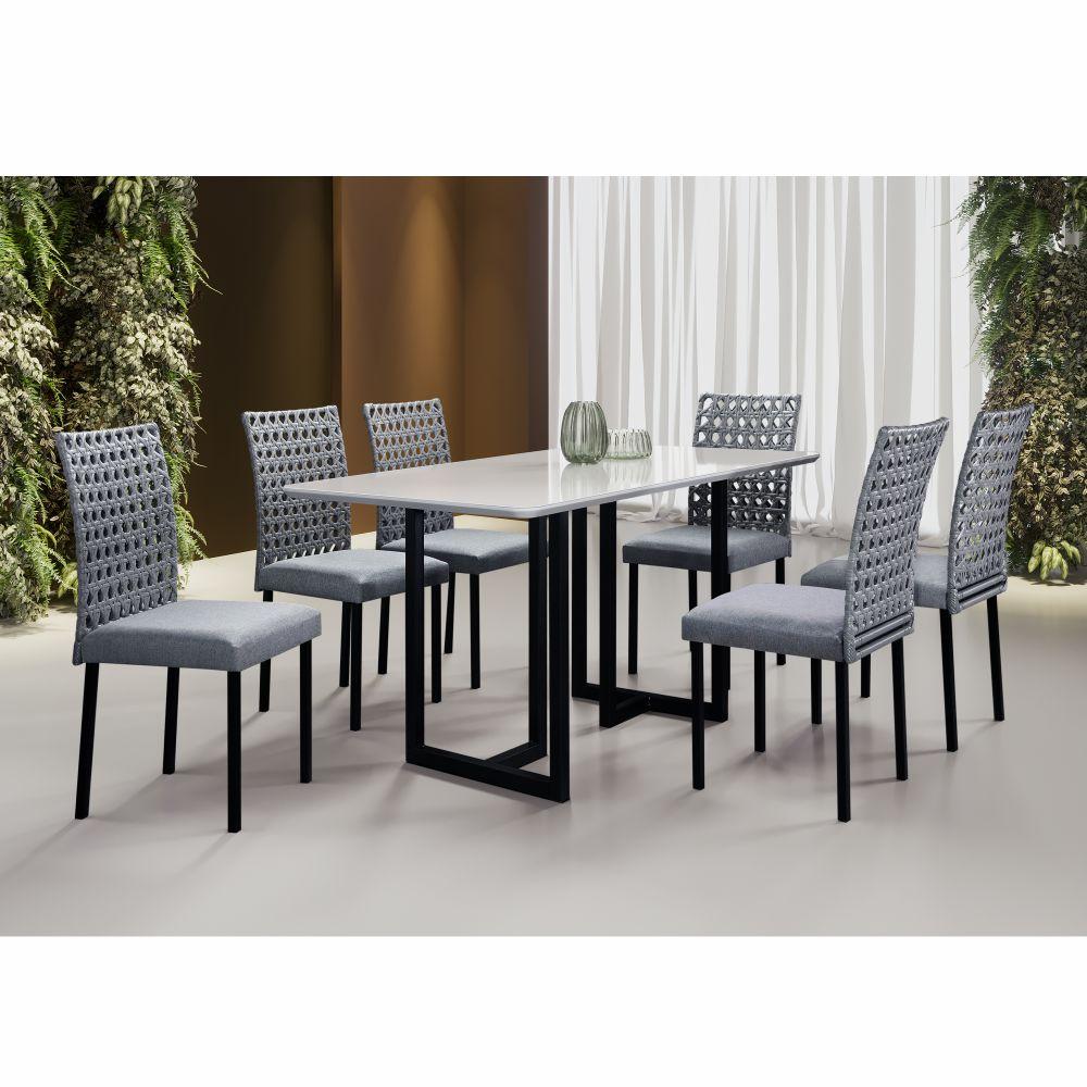 Conjunto Sala de Jantar Lisboa com 6 Cadeiras Rattan Grafite e Metal Preto BM Tubulares