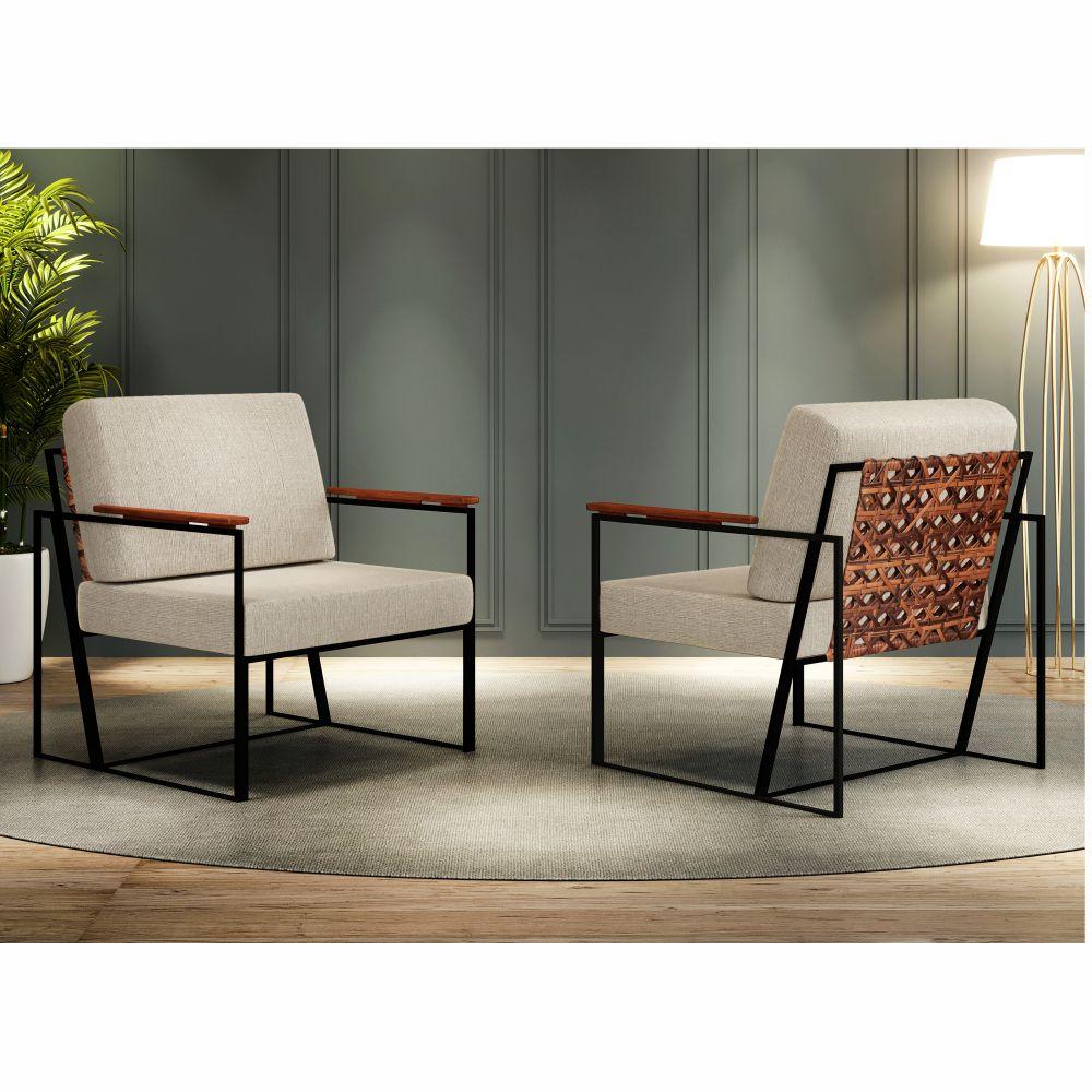 Poltrona Roma Linho Bege com Rattan e Base em Metal Preto