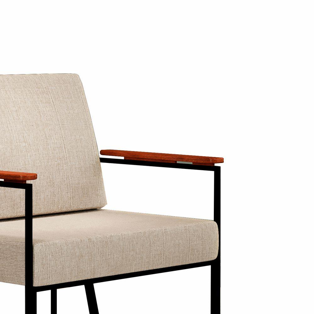 Poltrona Roma Linho Bege com Rattan e Base em Metal Preto