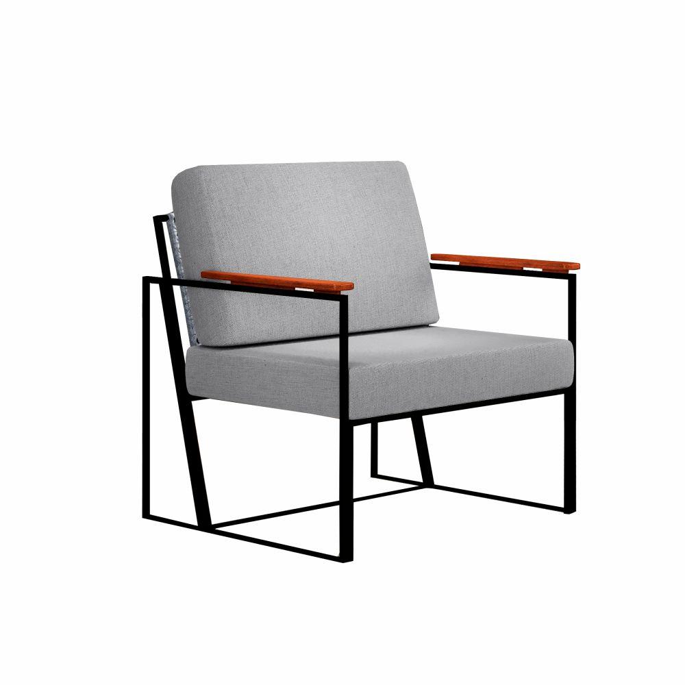 Poltrona Roma Linho Cinza com Rattan e Base em Metal Preto