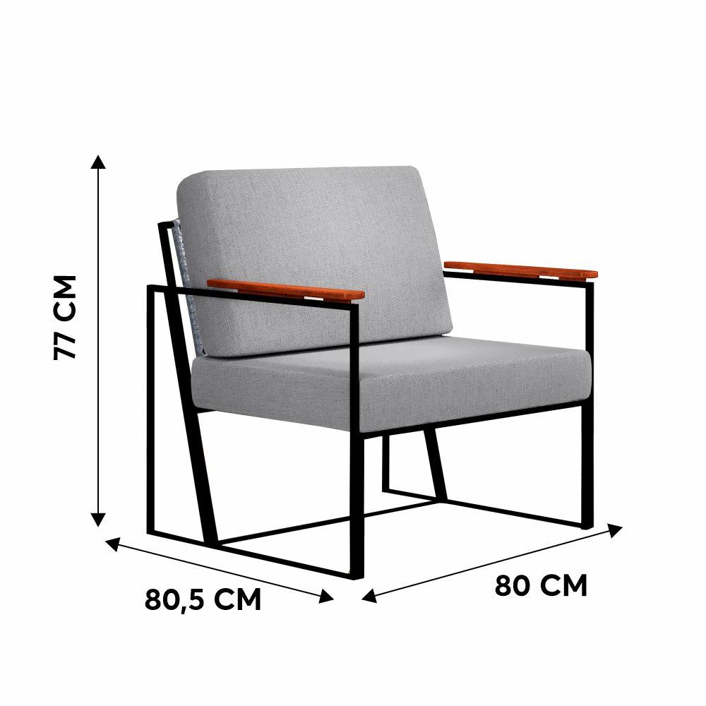 Poltrona Roma Linho Cinza com Rattan e Base em Metal Preto