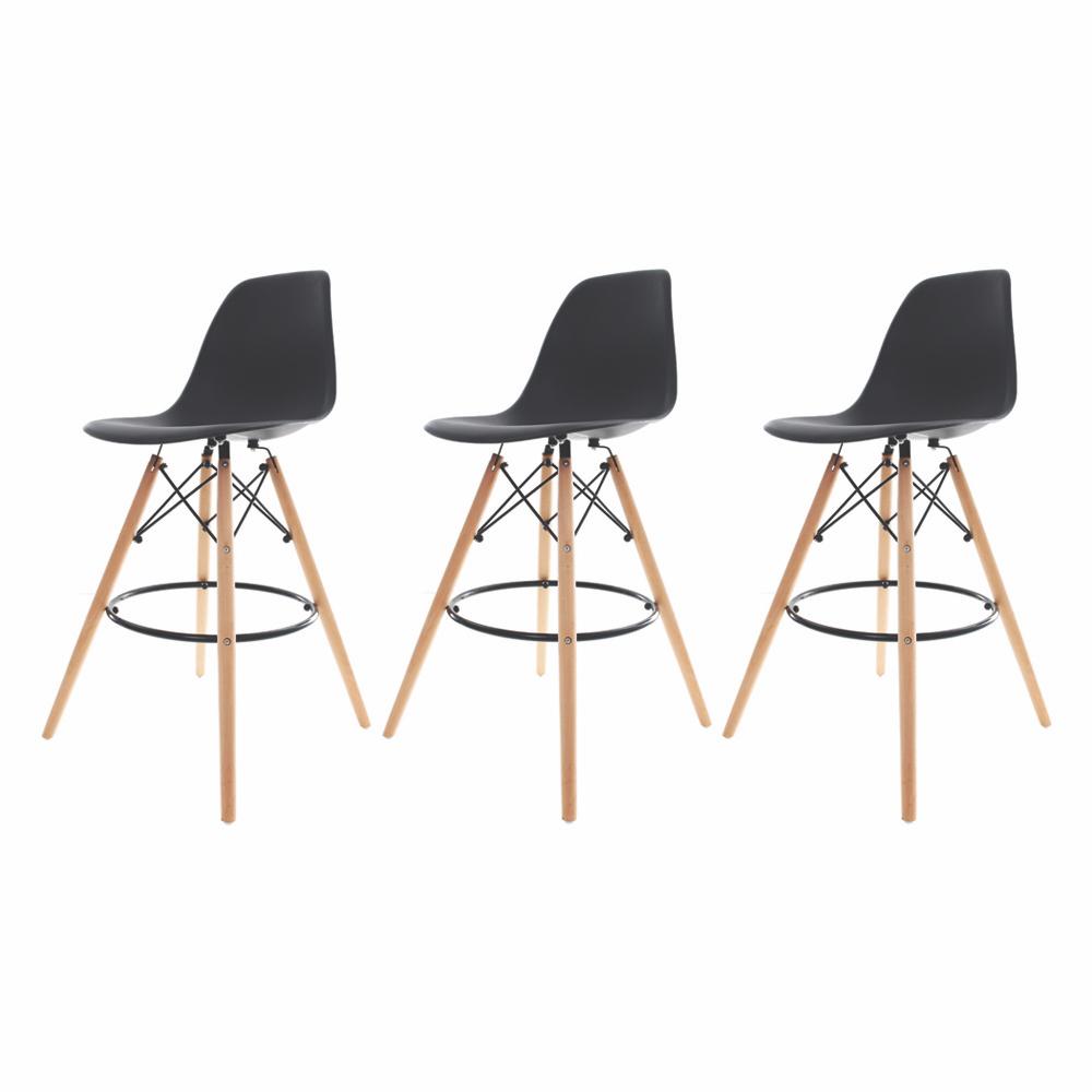 Kit 3 Banquetas Altas Para Bar Cozinha Charles Eames Eiffel Preta - Preto
