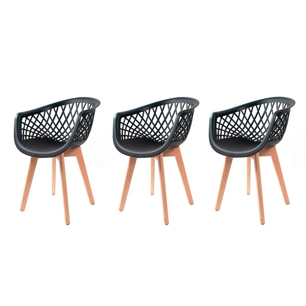 Kit 3 Cadeiras para Sala de Jantar com Base de Madeira Web Preta
