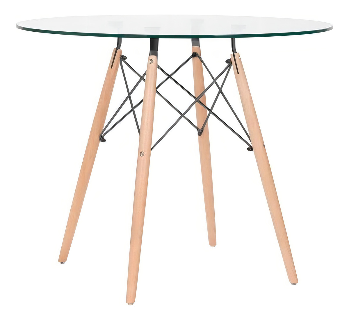 Mesa Redonda Eiffel Eames Tampo Vidro Temperado 90cm Base Madeira Design Moderno