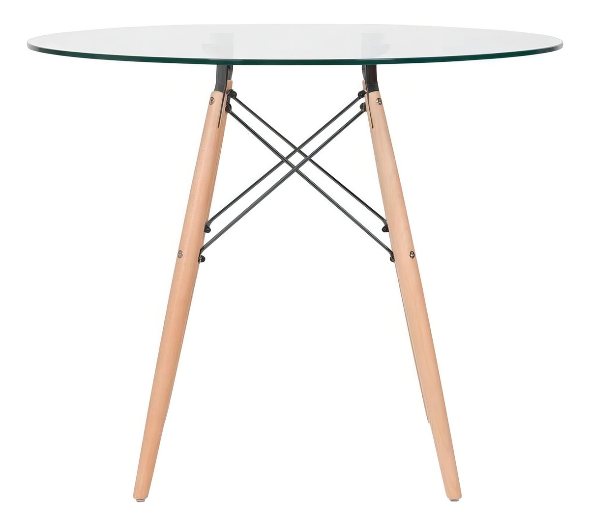 Mesa Redonda Eiffel Eames Tampo Vidro Temperado 90cm Base Madeira Design Moderno