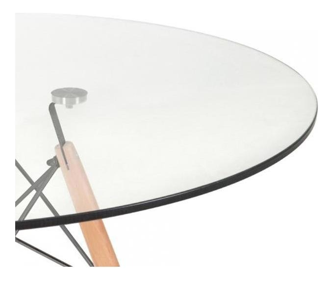 Mesa Redonda Eiffel Eames Tampo Vidro Temperado 90cm Base Madeira Design Moderno