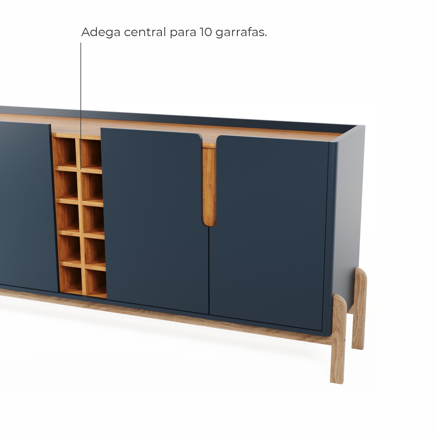 Aparador Buffet 4 Porta e Adega Canes Babus - Azul Cobalto / Cedro