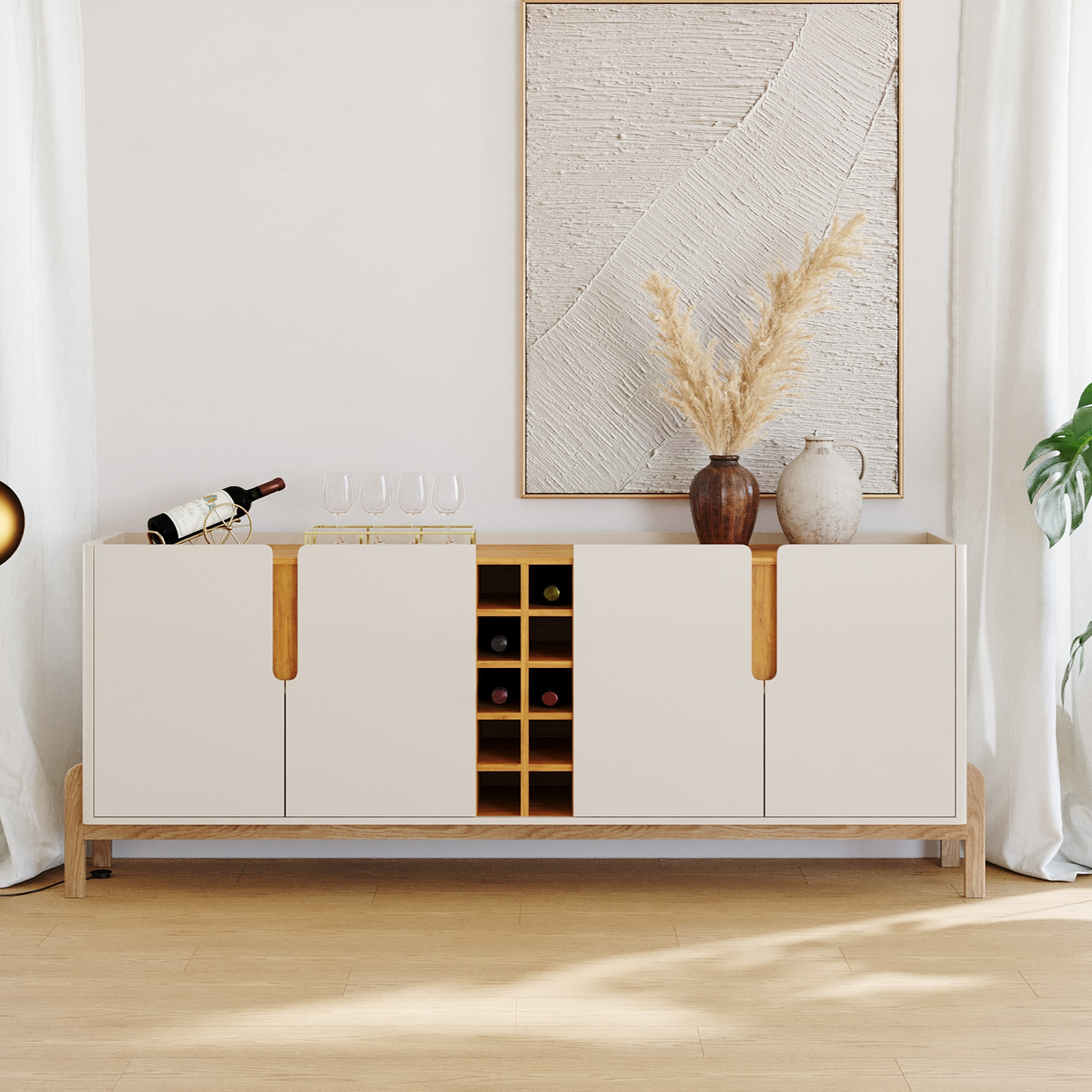 Aparador Buffet 4 Portas e Adega Canes Babus - Off White / Cedro