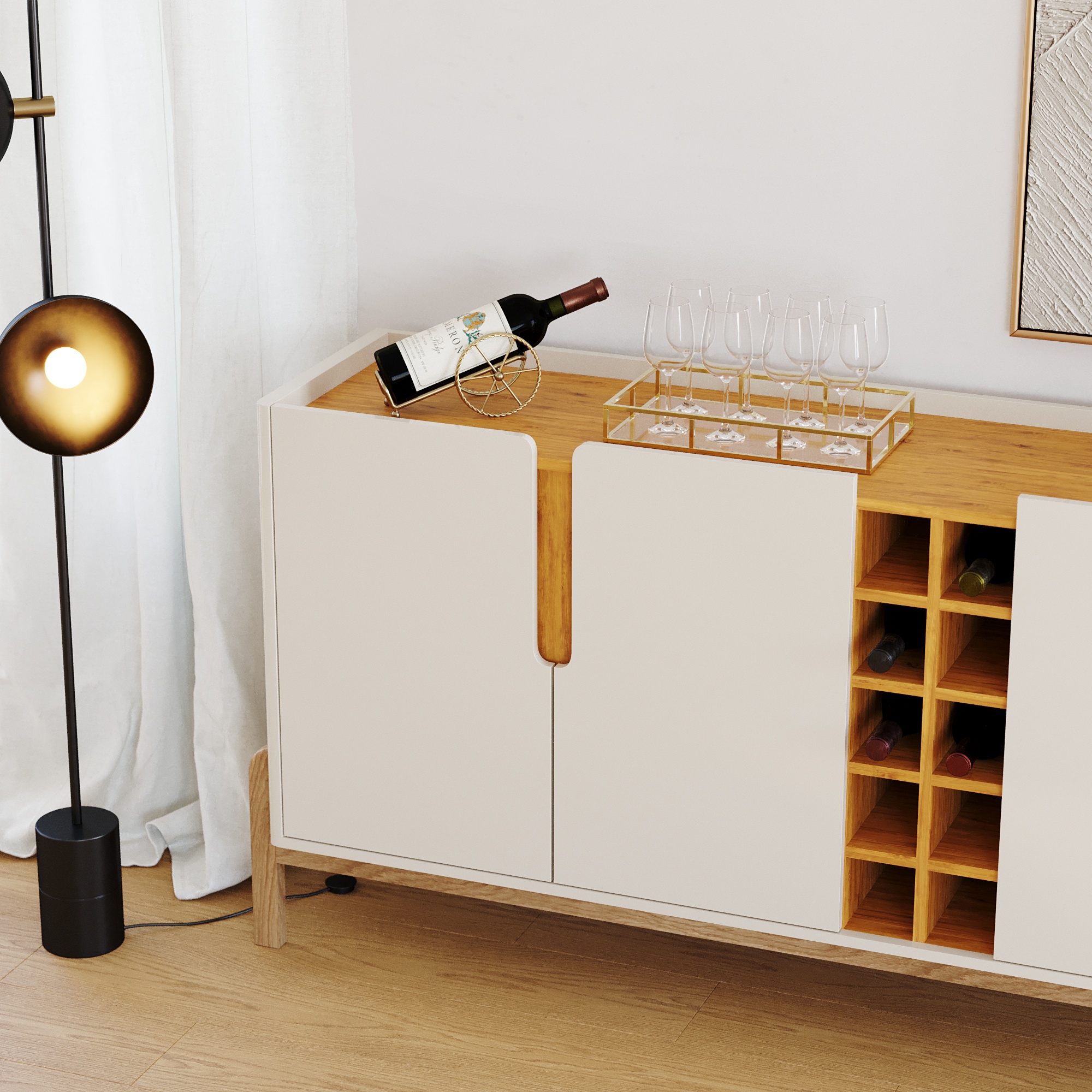 Aparador Buffet 4 Portas e Adega Canes Babus - Off White / Cedro