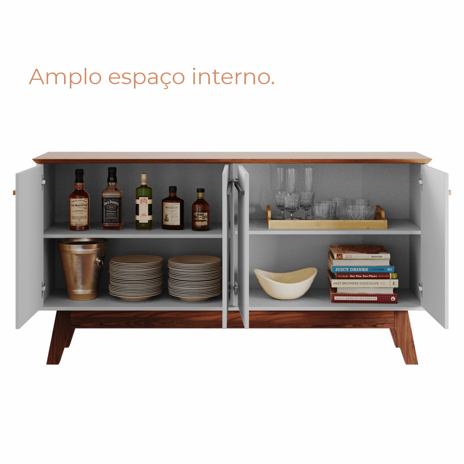 Aparador Buffet Atta Quatro Portas Com Pés de Madeira - Off White