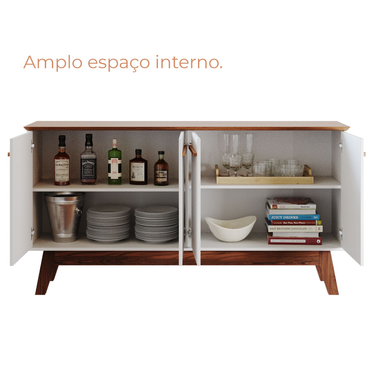 Aparador Buffet Babus Atta Quatro Portas Com Pés de Madeira - Branco