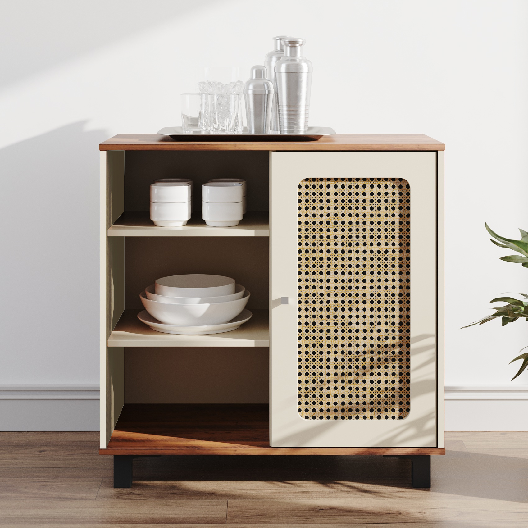Aparador Buffet Sala Faenza 1 Porta e 6 Prateleiras - Pinho / Off White