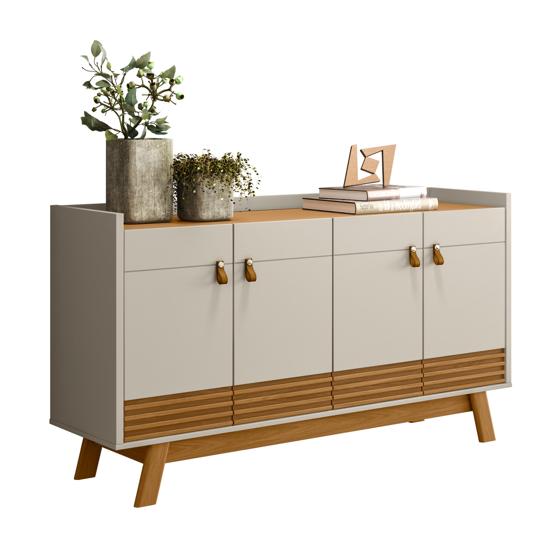 Buffet Aparador Aleppo 4  Portas Pés de Madeira Babus - Nature / Off White
