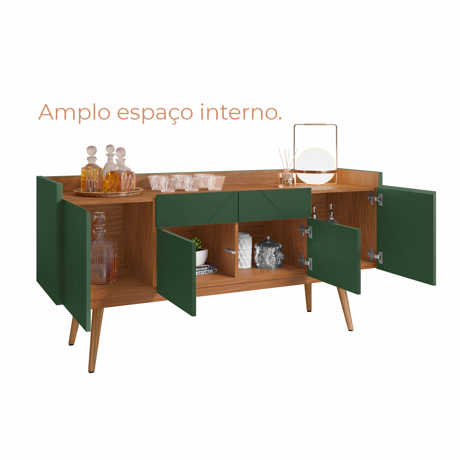 Buffet Aparador Lago 4 Portas 2 Gavetas Babus -  Cedro / Verde Oliva
