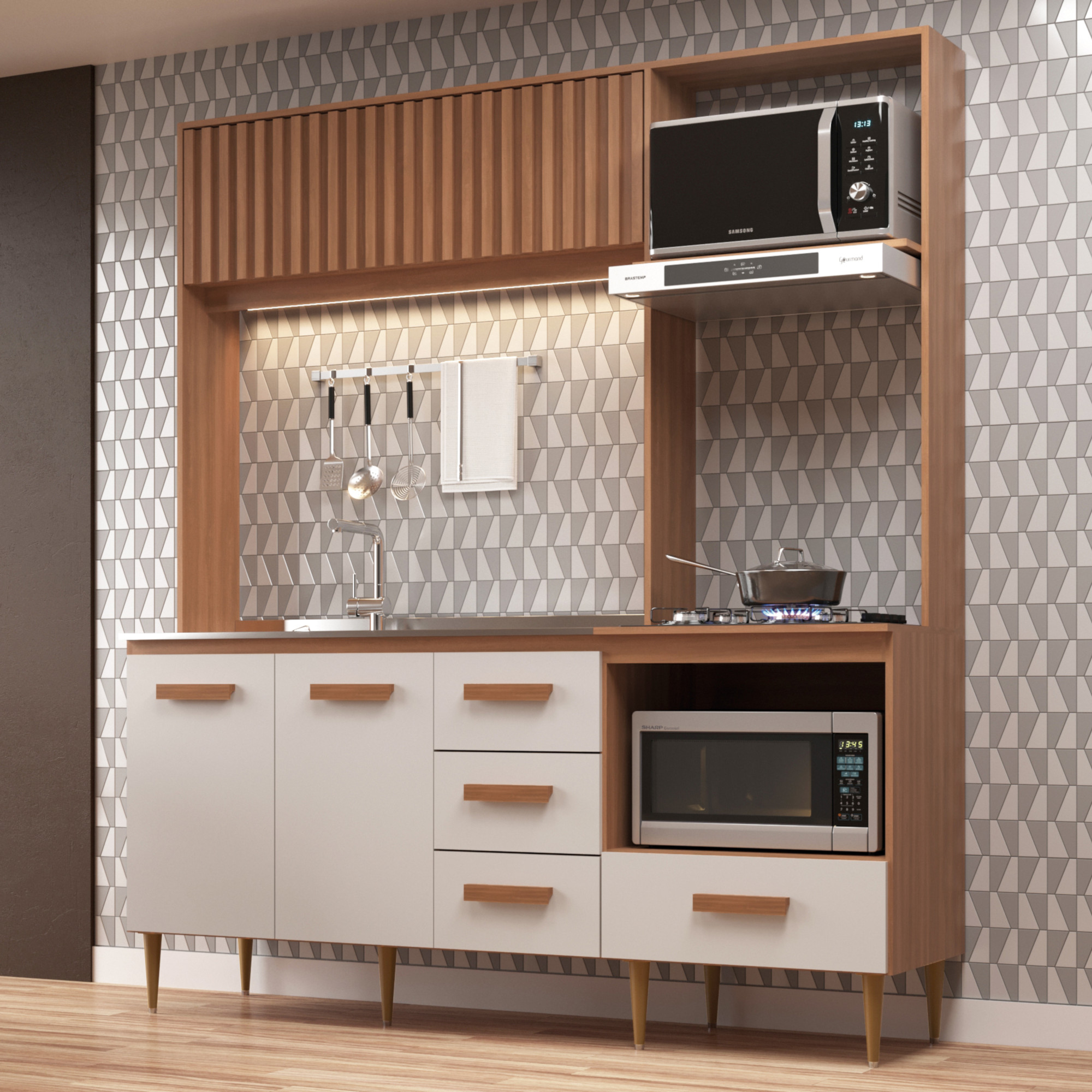 Cozinha Compacta Celine 4 Portas 3 Gavetas Ripado Freijó/off White - J Carvalho Marrom