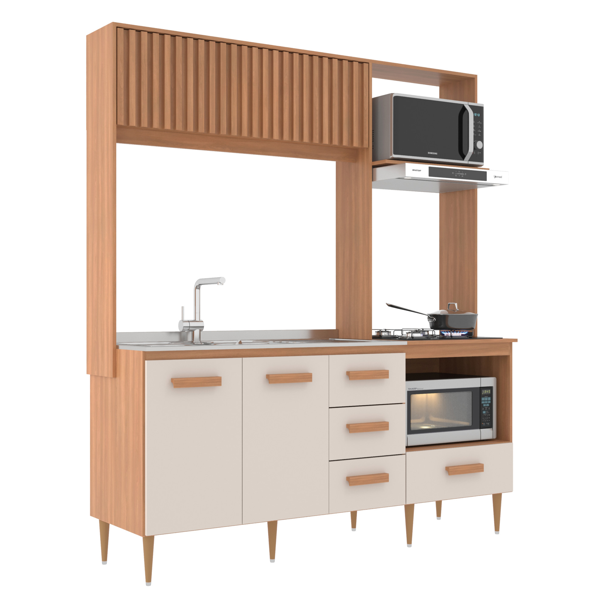 Cozinha Compacta Celine 4 Portas 3 Gavetas Ripado Freijó/off White - J Carvalho Marrom
