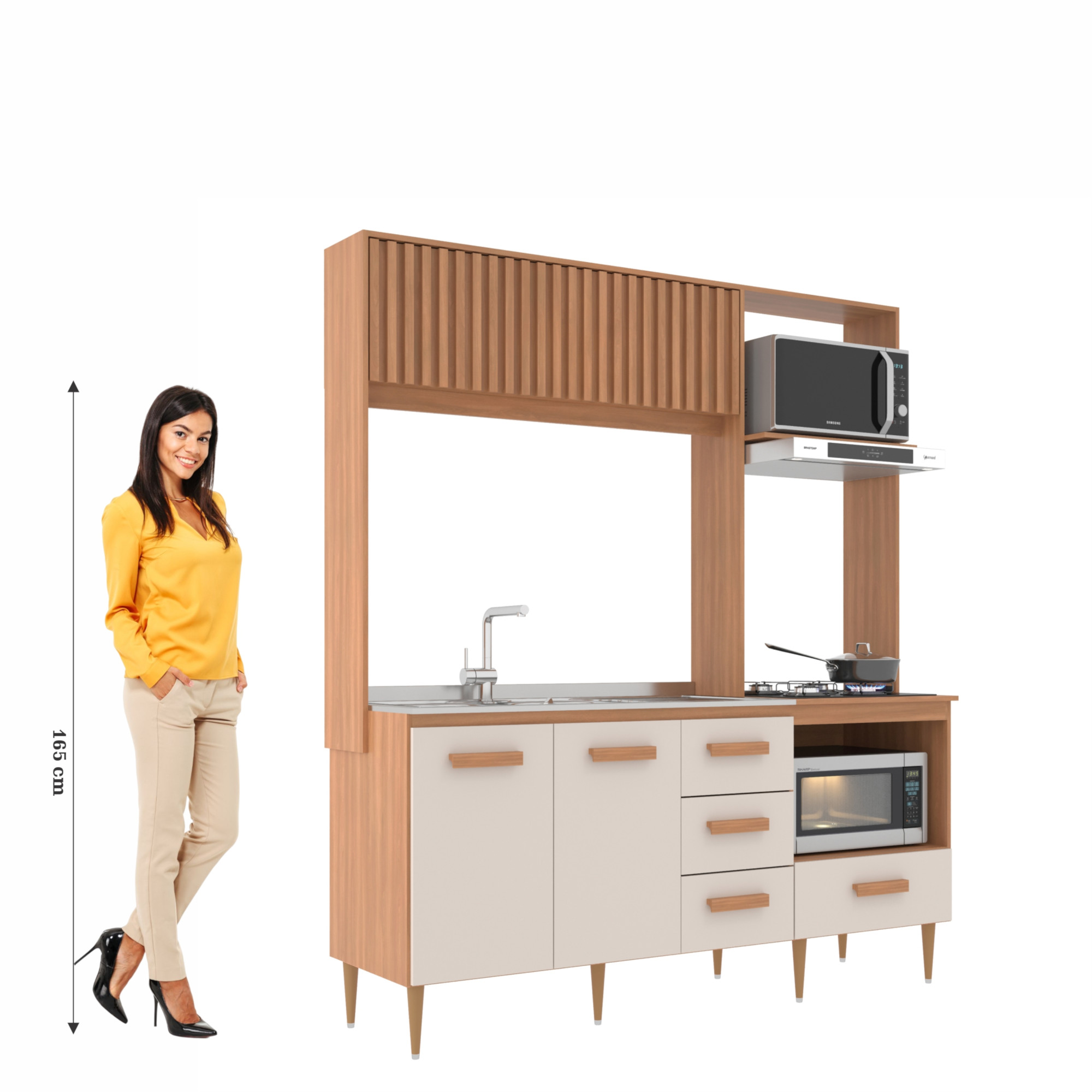 Cozinha Compacta Celine 4 Portas 3 Gavetas Ripado Freijó/off White - J Carvalho Marrom