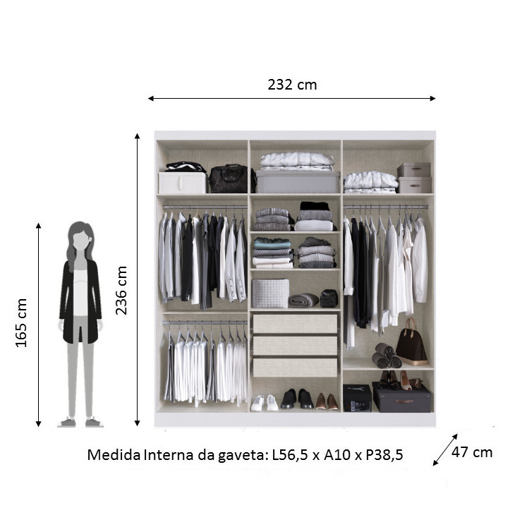 Guarda Roupas de Casal Mendoza 6 Portas 3 Gavetas - Branco