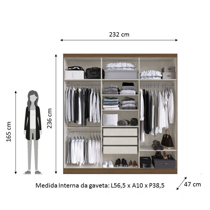 Guarda Roupas de Casal Mendoza 6 Portas 3 Gavetas - Nogueira / Off White