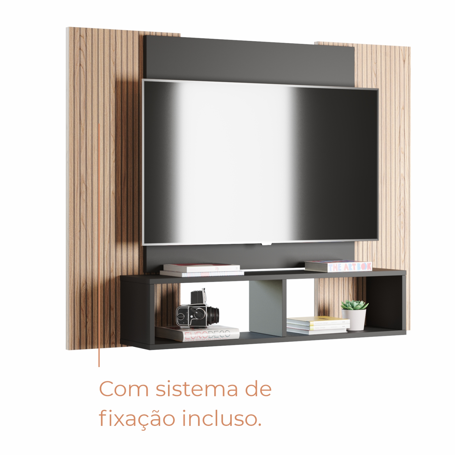 Painel Para Tv Até 42 Polegadas Com Nichos Gaia - Preto Cin/Rip
