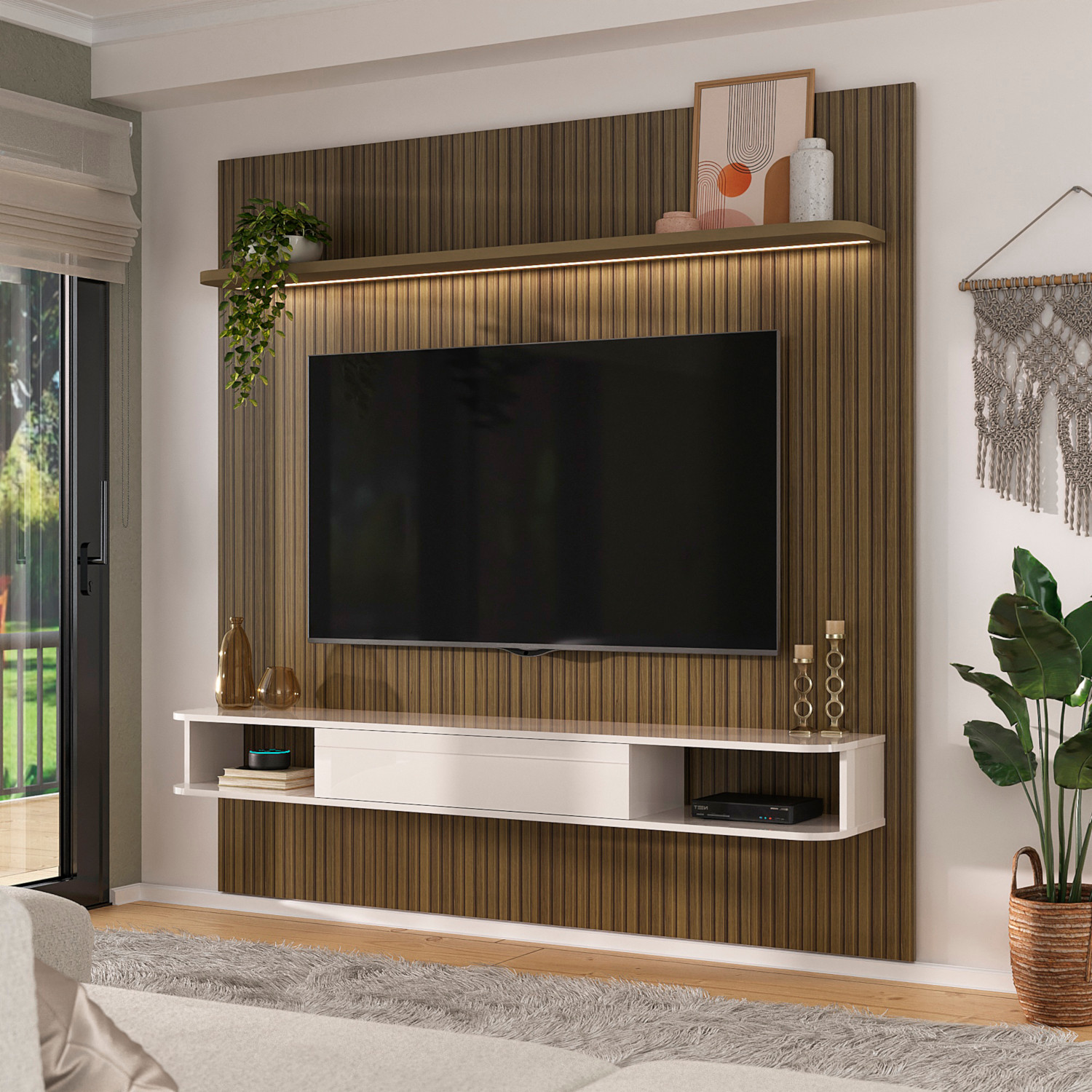 Painel Ripado Até 75 Polegadas Com Led 1 Porta 2 Nichos E Prateleira Belluno Artely Pinho/Off White