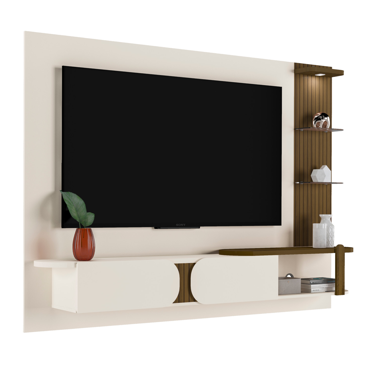 Painel Toronto Para TVs até 72 Pol. Cor Off White / Pinho Ripado
