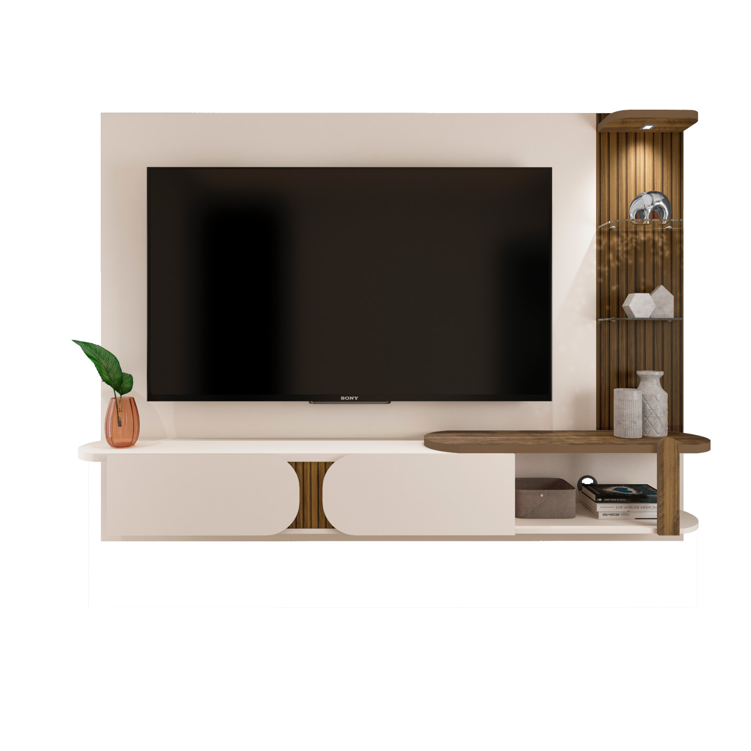 Painel Toronto Para TVs até 72 Pol. Cor Off White / Pinho Ripado