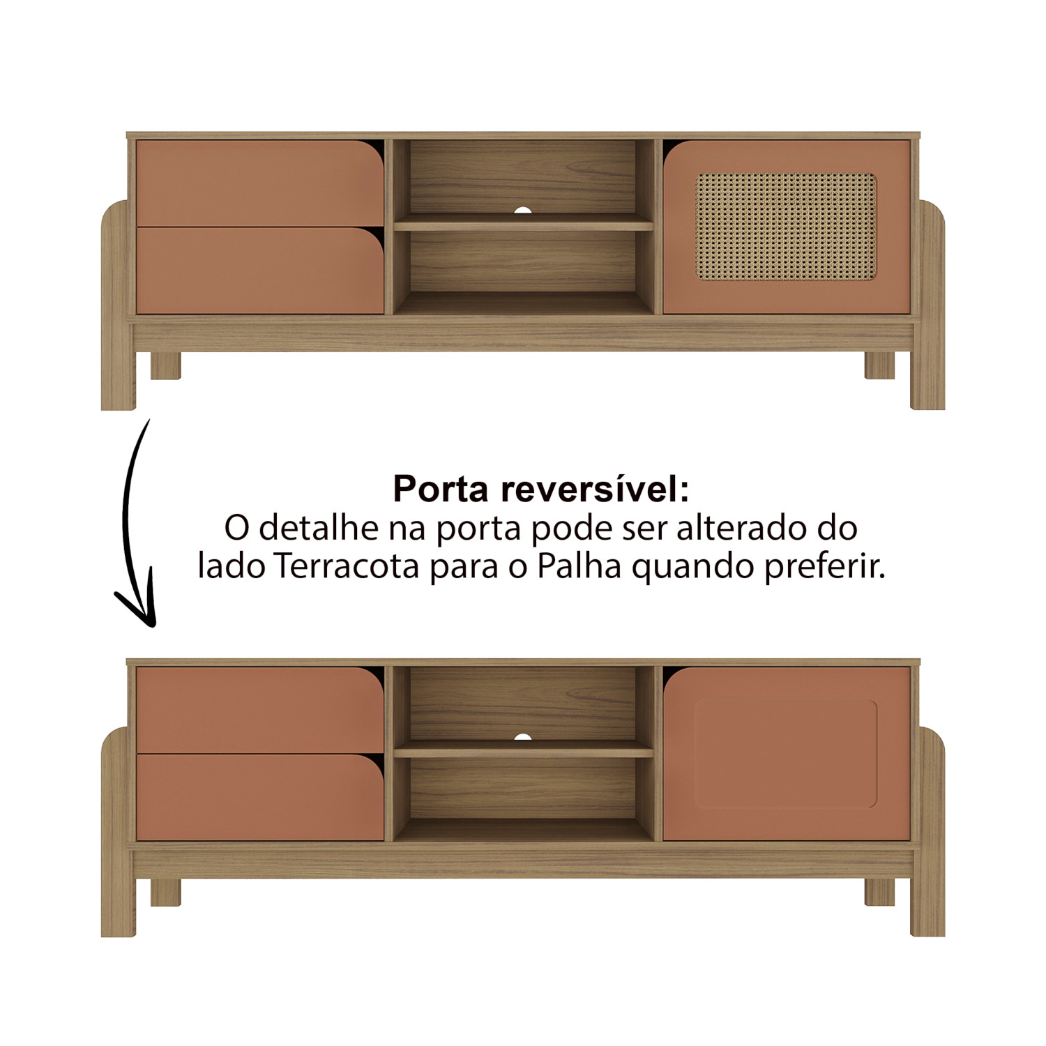 Rack Bancada Para Tv Até 60 Polegadas 1 Porta 2 Gavetas 2 Nichos Nature Artely Carvalho/Terracota