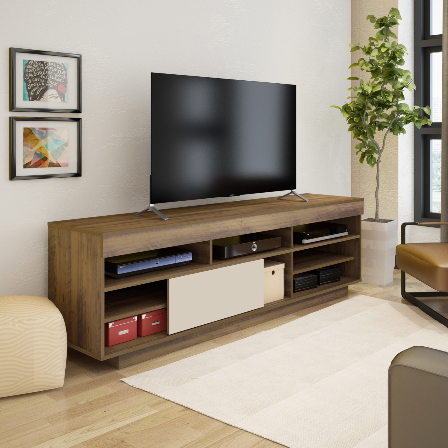 Rack Bancada com 1 Porta de Correr Treviso Flex Pinho/off White - Artely